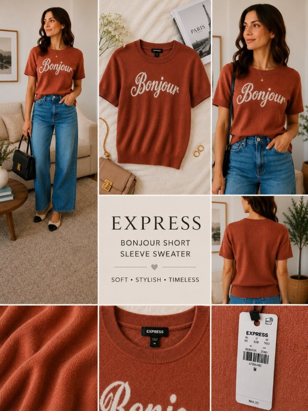 NWT‎ Express Bonjour Graphic Sweater Tee Pink Knit Top Medium